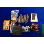 Group including small mahogany and brass telescope, WWI period binoculars,