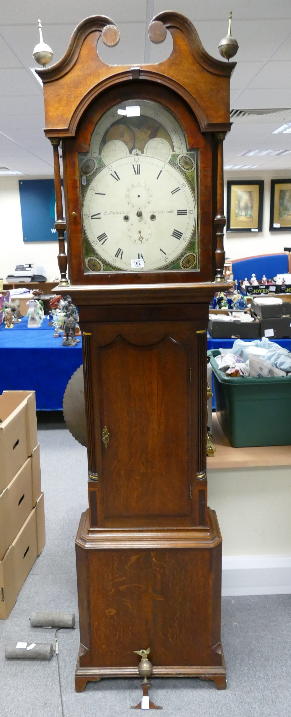 19th Century oak and mahogany Grandfather clock with painted arched moon dial, marked - B.