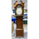 19th Century oak and mahogany Grandfather clock with painted arched moon dial, marked - B.