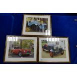 Three framed prints / photographs of classic cars including MG, Aston and Lagonda(3)