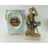 Staffordshire type figure titled The Falconer & unusual pottery vase with hunting scene