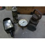 Vintage miners lamps and a brass Slingsby pressure gage (4)