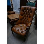 Chesterfield Armchair: Chestnut brown leather high back