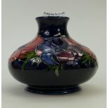Moorcroft clematis squat vase: Clematis on blue ground pattern. Height approx 12cm.