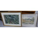 Local interest watercolours: John Mitchell landscape scene, approx 39x28cm & Lane of Parcian by T.