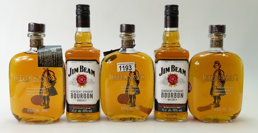 A collection of whisky to include: 3 x Jefferson's Bourbon 70cl and 2 x Jim Beam 70cl.