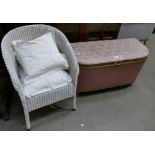 Lloyd Loom Chair and chest: White Lloyd Loom chair and pink upholstered blanket chest (2)
