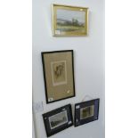 Selection of 4 pictures: Three early 20th century framed prints with landscape and cottage views