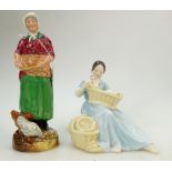 Royal Doulton small lady figures: The Basket Weaver HN2245 together with Farmers Wife HN2069 (head