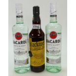 A collection of wines and spirits to include: 2 x Bacardi White Rum 70cl and Blackwell's Rum 70cl.
