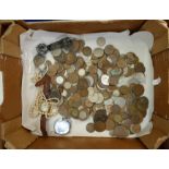 A collection of old coins: Coins including some silver, pearl necklace, vintage watches etc.