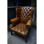 Chesterfield Wingback Armchair: Chestnut brown leather