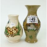 Moorcroft Vases: Vases with Frog & Toadstool designs, both red dots, tallest 13cm.