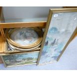 A collection of framed mixed media items: to include oriental embroideries, landscape scenes,