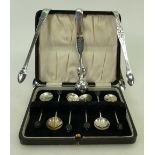 A collection of Silver items: cased bean end spoons, three set of sugar tongs and similar salt