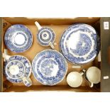 Woods blue & white ware: Enoch woods scenery plates, willow patterned teapot, cups etc.