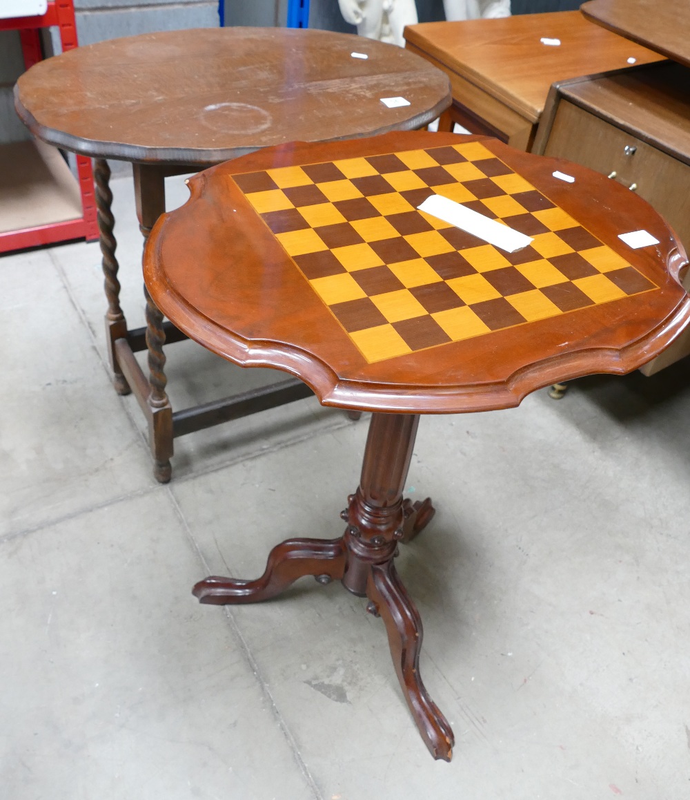 Occasional Tables: Oak Pie Crust barley twist occasional table and later mahogany chess table (2)