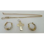 Gold jewellery: Cross & chains, earrings etc. Hallmarked and gold coloured metal. Gross weight 4.