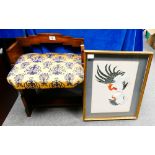 Oak Upholstered Art Deco stool and embroidery: Art Deco stool & a framed embroidery of chickens.