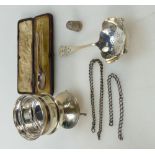 Collection of silver: Items include hallmarked tea strainer & cup, model of a bell salt,