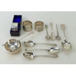 Collection of silver items: Group of hallmarked silver, including tea strainer & dish, spoons,