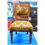 Victorian oak upholstered chair: Chair cushioned with brocade.