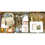 Wooden & Brass clock: Stamp album, playing cards, books, dvds, brass items, etc.