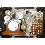 A collection of items to include: Mahogany mantle clock, Silver plated spoons and tea set,