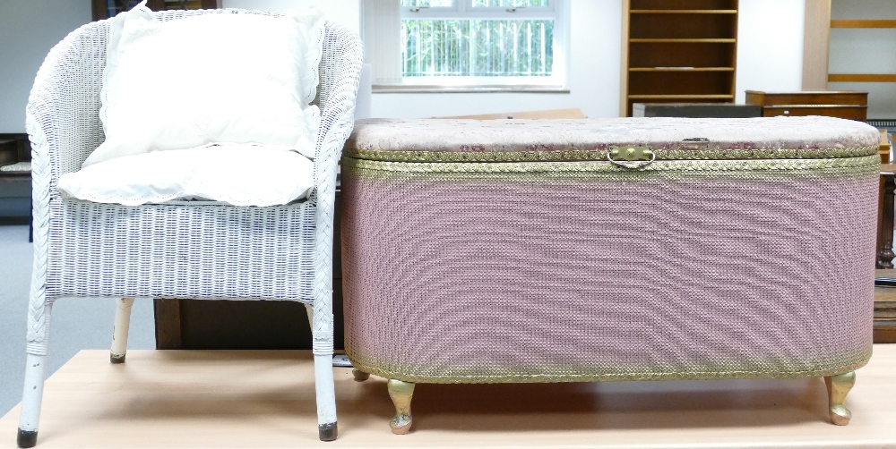 Lloyd Loom Chair and chest: White Lloyd Loom chair and pink upholstered blanket chest (2)