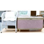 Lloyd Loom Chair and chest: White Lloyd Loom chair and pink upholstered blanket chest (2)
