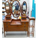 Edwardian inlaid 3 mirror mahogany dressing table: together with similar oak bobbin legged plant