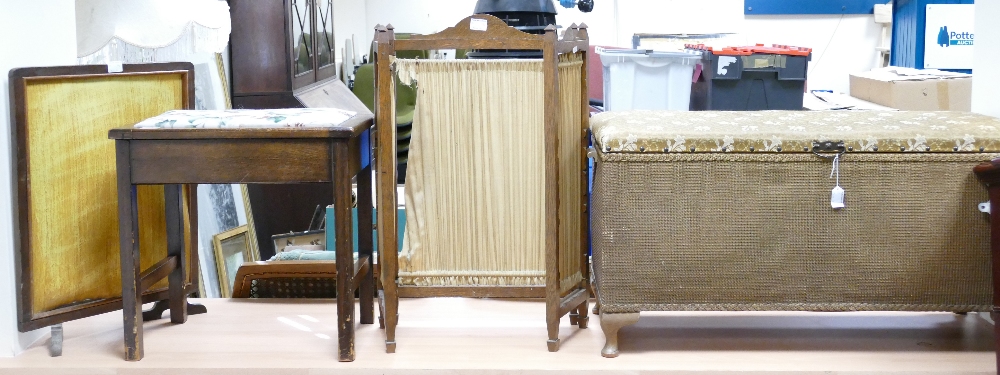 Lloyd loom style Ottoman: together with upholstery storage table & oak fire screens.