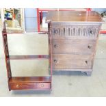 Furniture: Oak priory style small chest of 3 draws, together with small display rack.