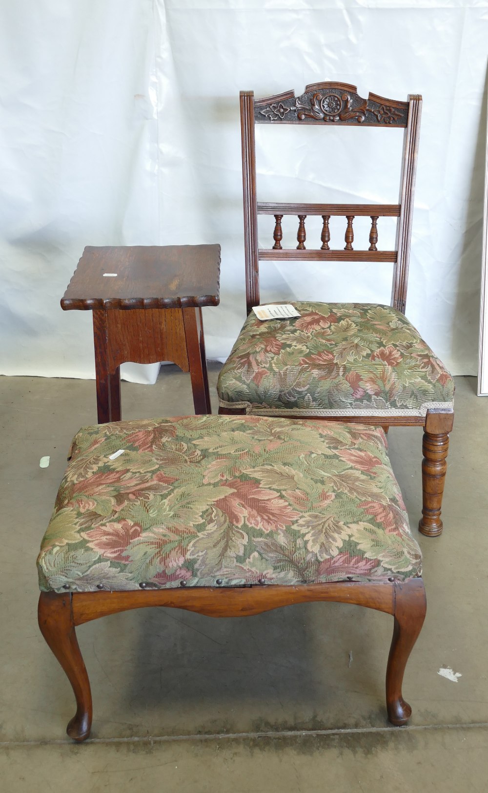 Furniture: Walnut upholster Edwardian chair and stool, together with similar plant stand.