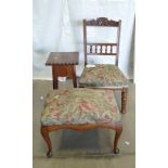 Furniture: Walnut upholster Edwardian chair and stool, together with similar plant stand.