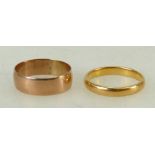 Two wedding bands: A 22ct gold wedding band 5.1g, together with 9ct gold band 3.2g. Both size T.