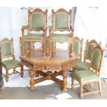 19th century carved oak Dining table and 8 chairs: Edwards and Roberts golden carved oak hexagon