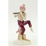 Sitzendorf porcelain figure of a snake charmer: Figure playing the flute, c1930s, height 16cm.