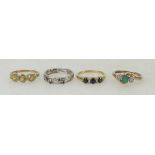 4 x 9ct gold gem set rings: Sapphire 4 stone size P, diamond & yellow stone P, diamond & sapphire P,