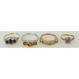 4 x 9ct gold gem set rings: Sapphire & diamond size P, yellow stone O,