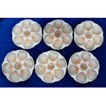 Set of six Sarreguemines Majolica oyster plates: Six plates c1930s, three coloured, diameter 24cm.