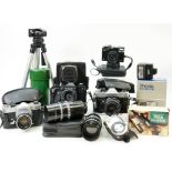 A collection of Cameras and equipment: Items to include Zenit TTL, Fujica ST801, AGFA Optima 1035,