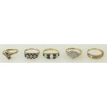 5 x 9ct gold rings 11g: Ladies gemstone set dress rings x 5, sapphires, opals, white stones etc,