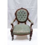 Victorian carved Walnut Gents Armchair: Armchair on castors (100cm high x 77cm wide x 76cm deep).