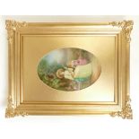 Royal Doulton oval pottery plaque: Hand painted Royal Doulton plaque with lady and girl playing the