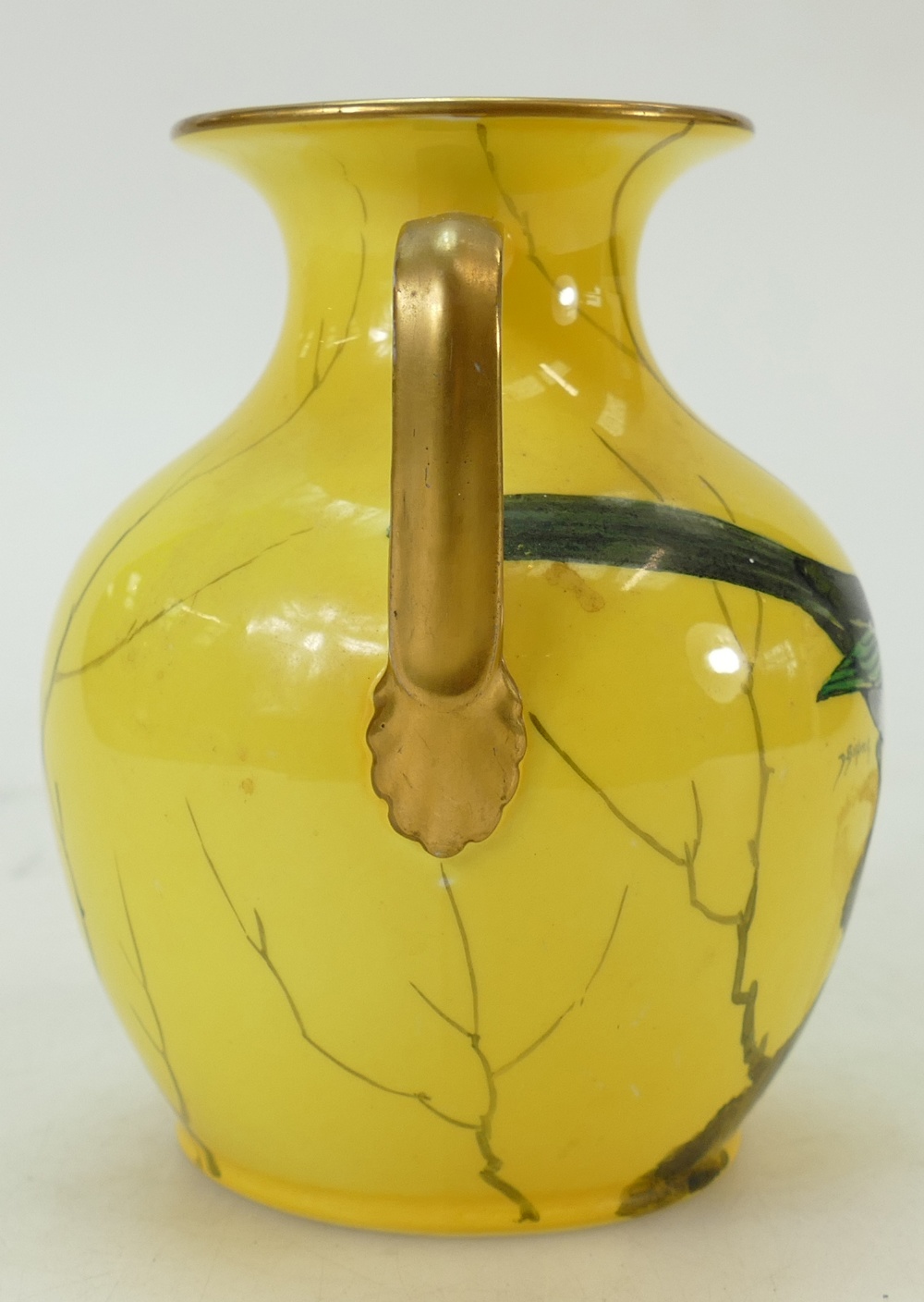 Cauldon hand decorated two handled bulbous vase: Bulbous Cauldon vase decorated with a Magpie in - Image 5 of 7