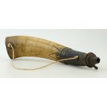 Early 19th century Horn & Brass Powder Flask: Wide end of horn powder flask decorated with