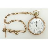 9ct gold hallmarked open face 'Record' gents Pocket watch and rolled gold Albert: Watch diameter