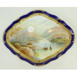 Early 20th Century Plaque: Jeweled & gilt hand decorated pottery plaque of Killarney. Signed H.