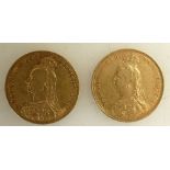Two Full gold Sovereign coins: Queen Victoria dated 1888 & 1890.